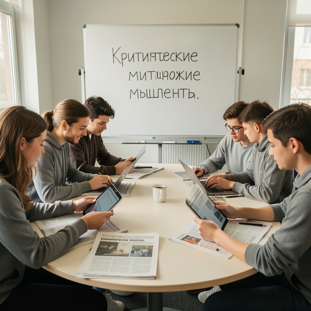 Группа студентов за круглым столом изучает планшеты и газеты, на белой доске написаны слова критического мышления